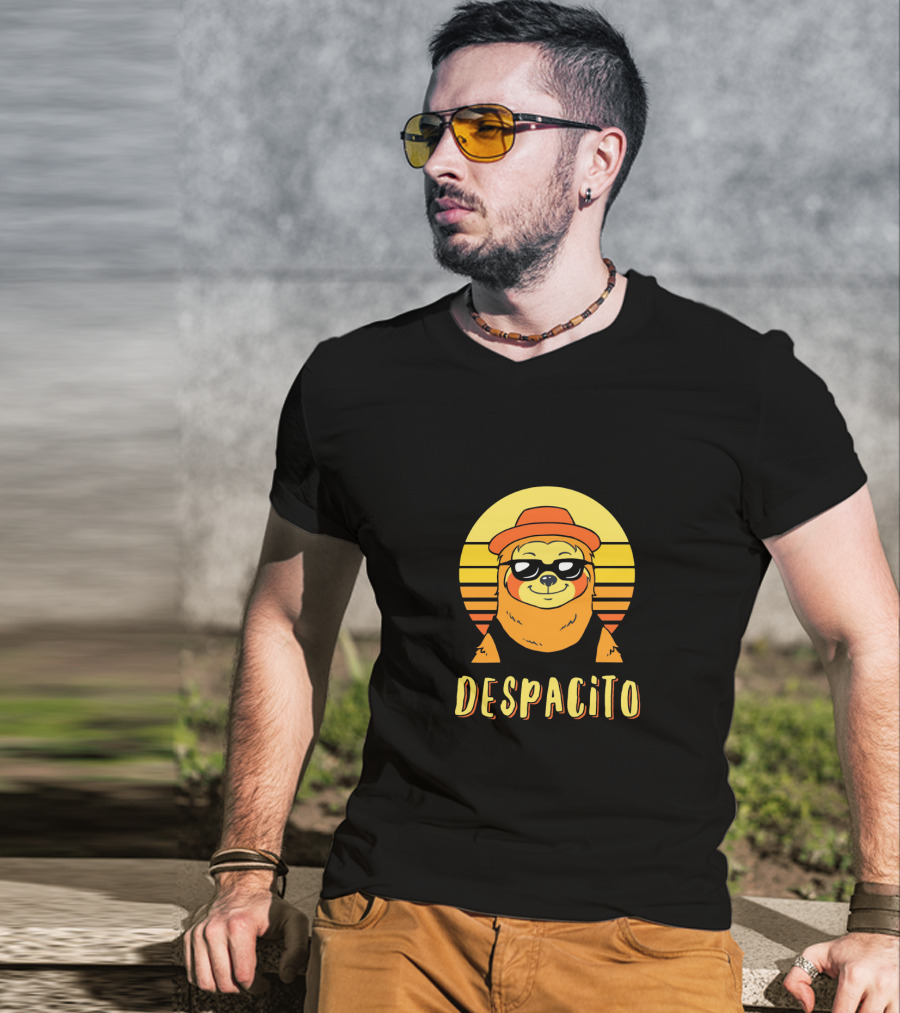 Despacito Sloth Art With Retro Sunset And Stylish Hat T-Shirt