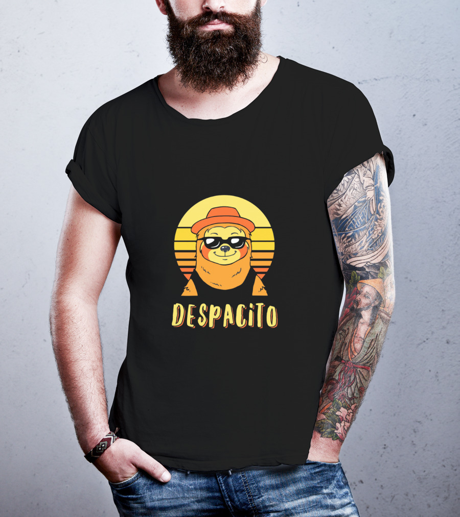 Despacito Sloth Art With Retro Sunset And Stylish Hat T-Shirt
