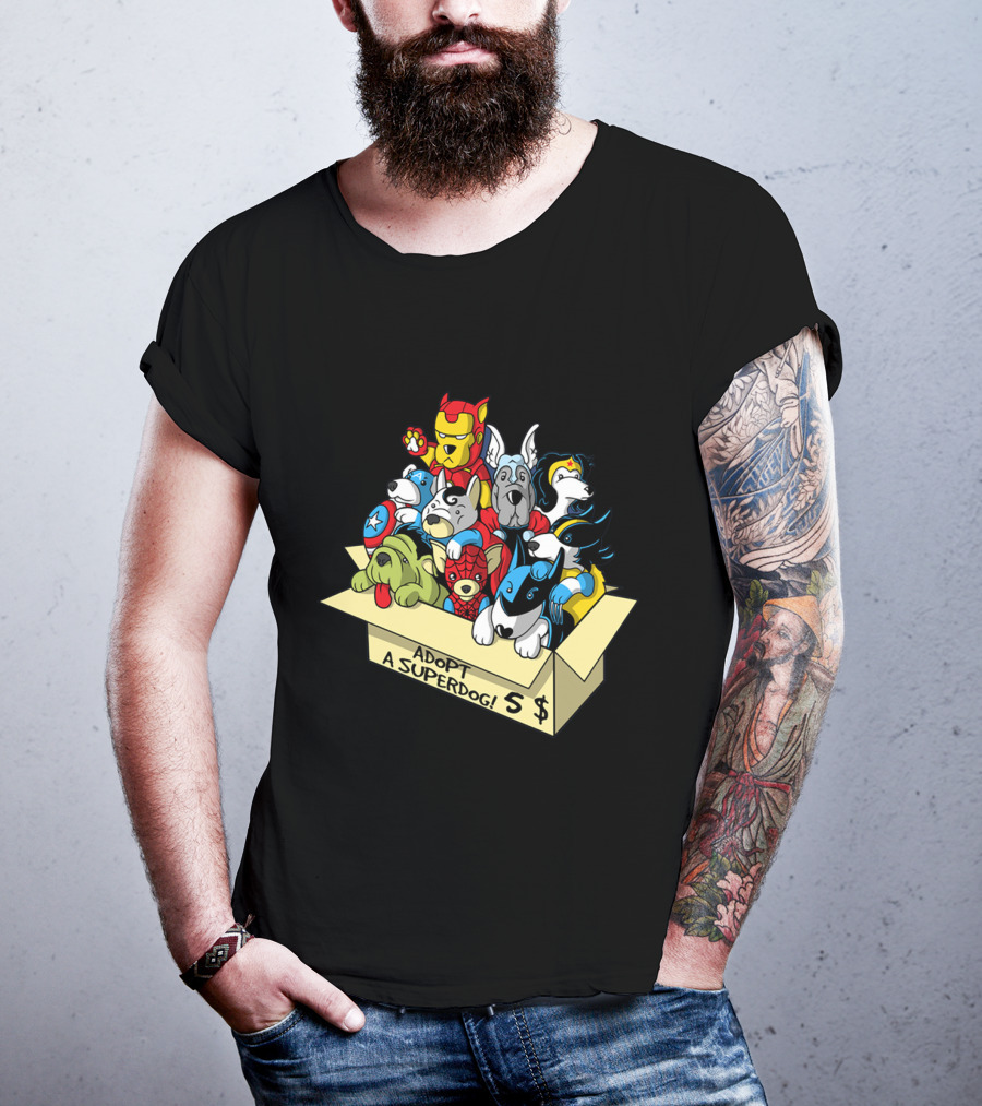 Adopt A Superdog Hero Box With $5 Avengers And Justice League Canine Cosplay T-Shirt
