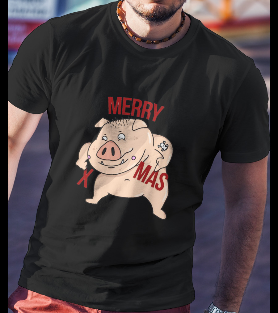 Merry Xmas Pig With Bone Tattoo T-Shirt