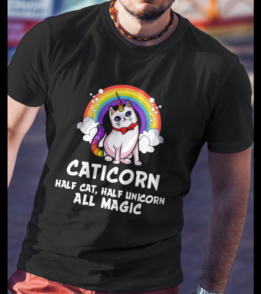 Caticorn Half Cat Half Unicorn All Magic Rainbow Bow Magic T-Shirt