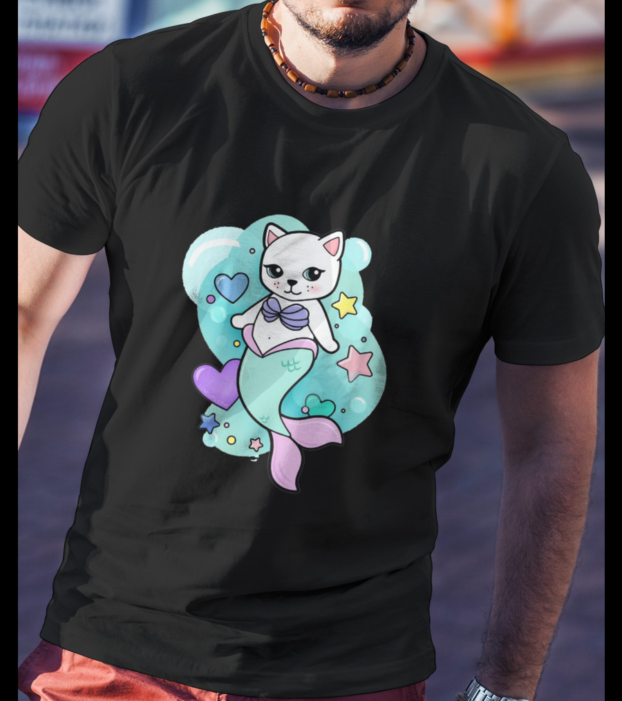 Barbiecore Pretty Purrmaid Pastel Cute Cat Mermaid Bubbles Hearts Stars T-Shirt