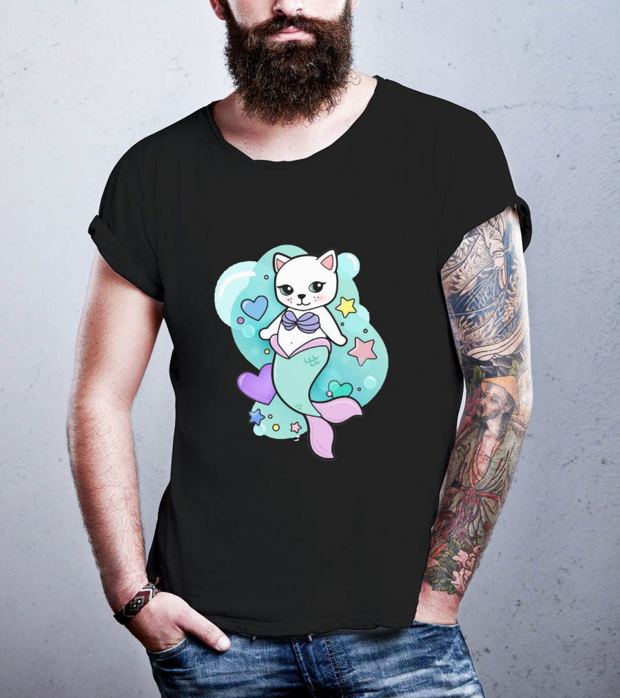 Barbiecore Pretty Purrmaid Pastel Cute Cat Mermaid Bubbles Hearts Stars T-Shirt