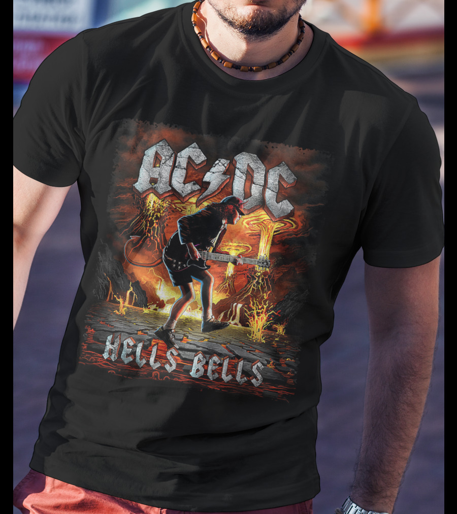 AC/DC Hells Bells Guitarist With Volcanic Eruption Background T-Shirt