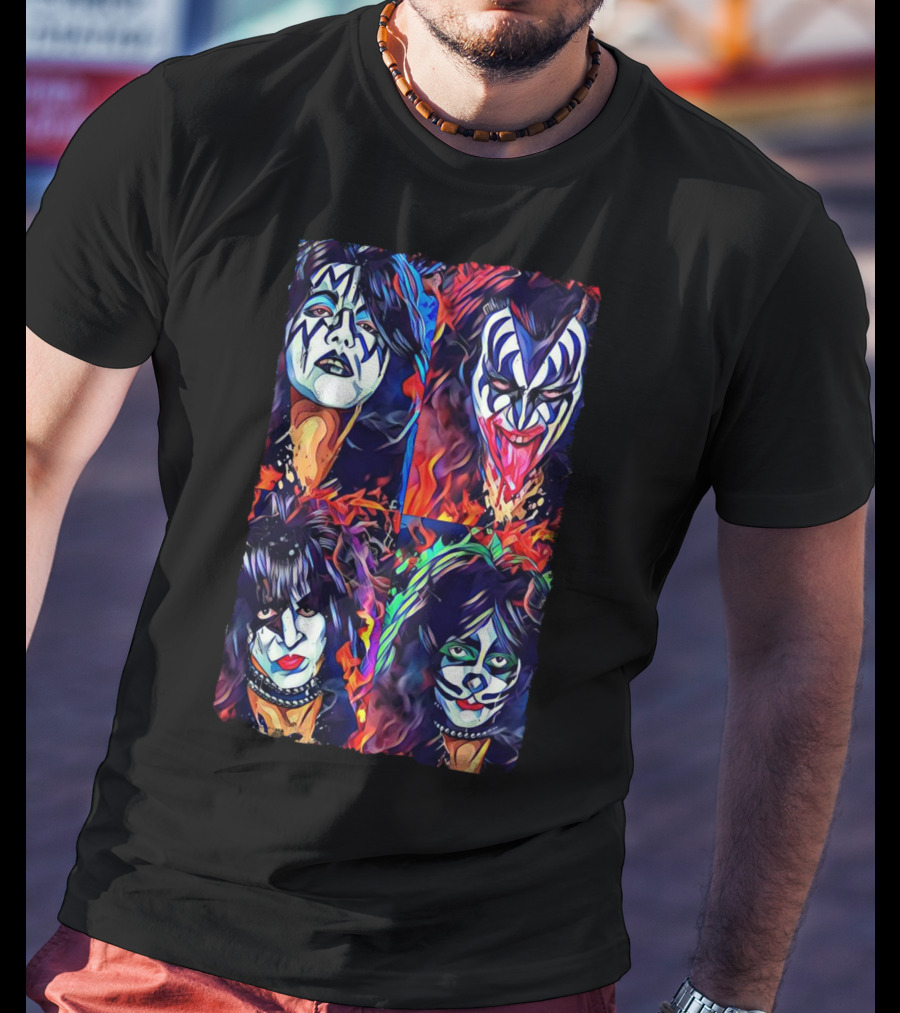 Kiss Band Iconic Face Paint Portraits Fiery Background T-Shirt
