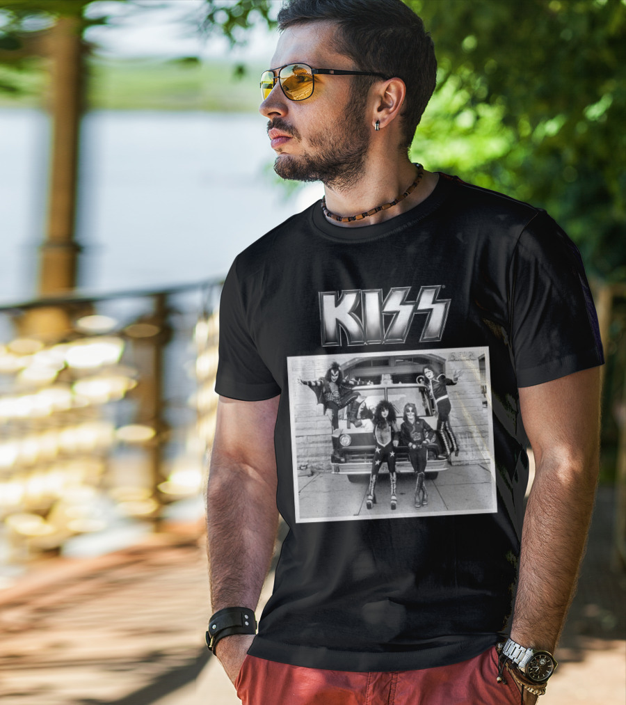 KISS Band On Cadillac With Logo Black And White Photograph T-Shirt