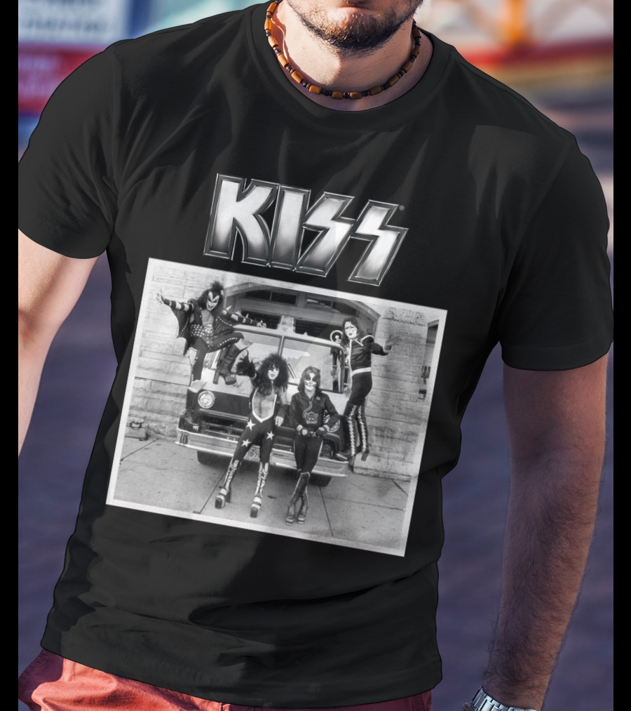 KISS Band On Cadillac With Logo Black And White Photograph T-Shirt