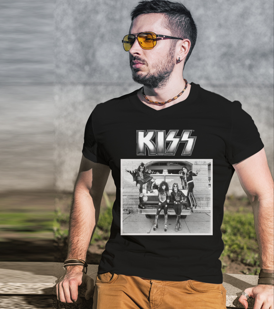 KISS Band On Cadillac With Logo Black And White Photograph T-Shirt