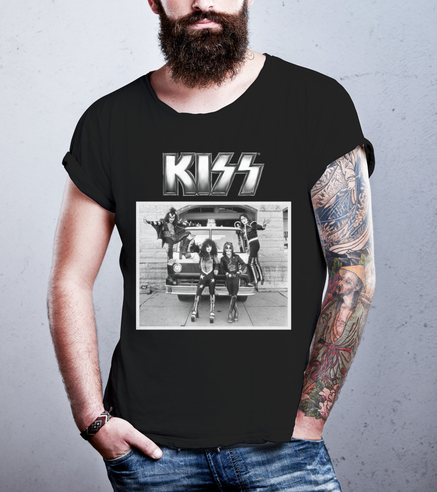 KISS Band On Cadillac With Logo Black And White Photograph T-Shirt
