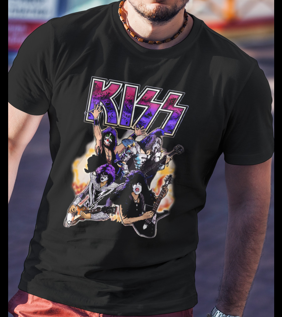 KISS Band Cartoon Graphic With Fire Background T-Shirt