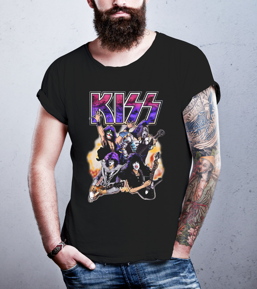 KISS Band Cartoon Graphic With Fire Background T-Shirt
