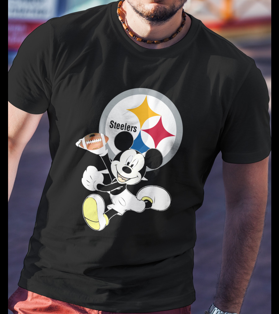 Mickey Mouse With Steelers Logo And Football T-Shirt