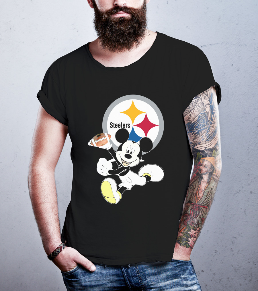 Mickey Mouse With Steelers Logo And Football T-Shirt