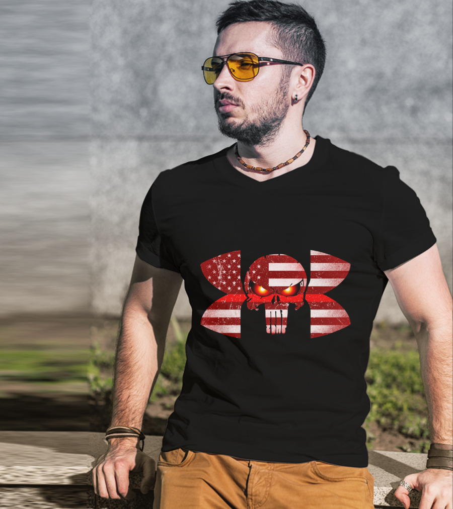 Firefighter Skull American Flag Under Armour Punisher Eyes T-Shirt