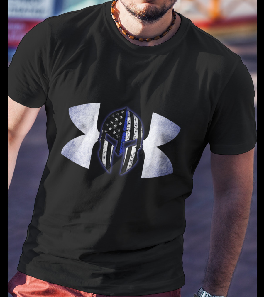 Thin Blue Line Spartan Helmet With American Flag And Tactical T-Shirt