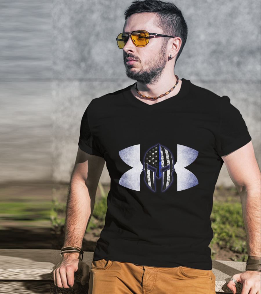 Thin Blue Line Spartan Helmet With American Flag And Tactical T-Shirt