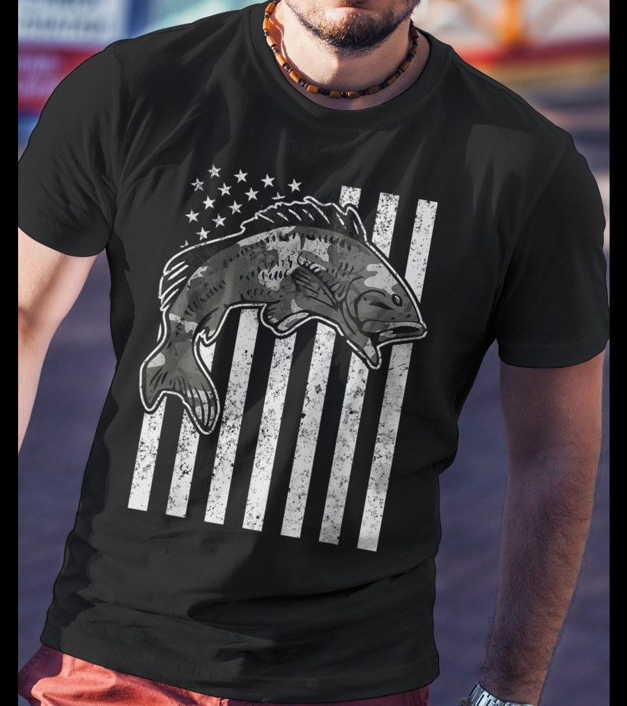 American Flag Camouflage Bass Fishing Mens T-Shirt