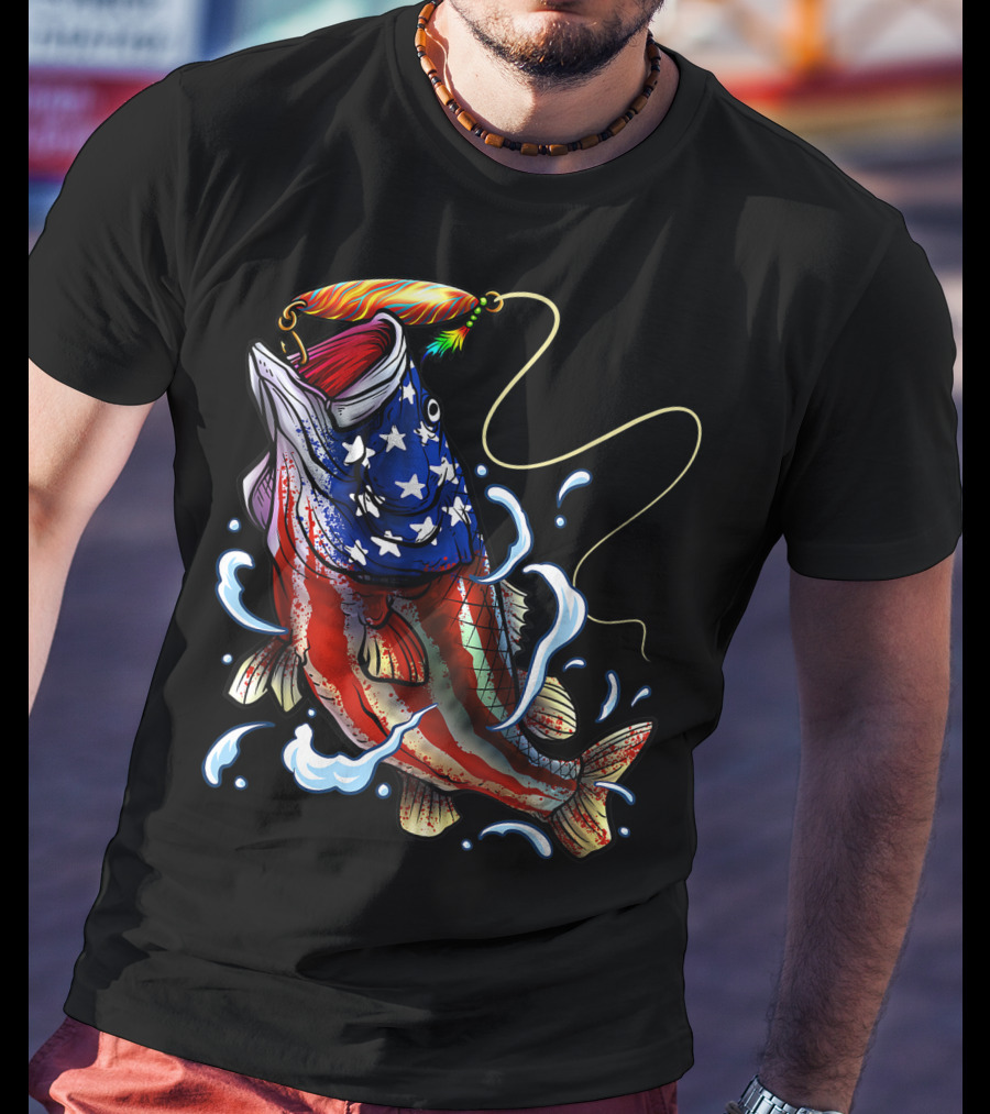 American Flag Bass Fishing Angler Dad Fish T-Shirt