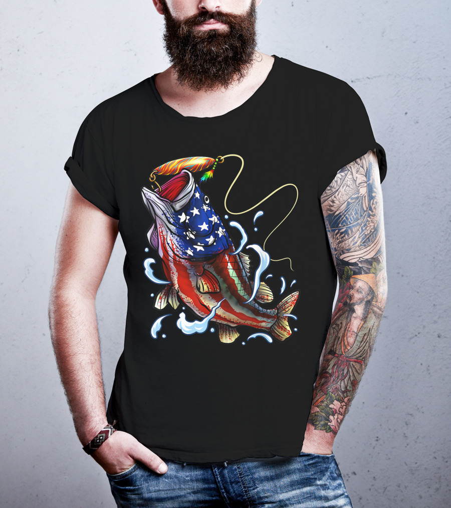 American Flag Bass Fishing Angler Dad Fish T-Shirt