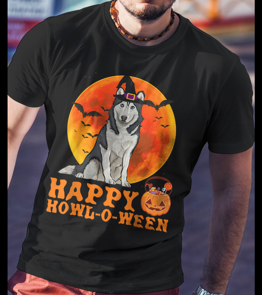 Halloween Siberian Husky Dog Happy Howl-O-Ween Pumpkin Moon Bats T-Shirt