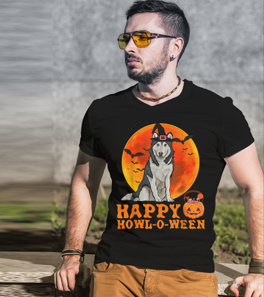 Halloween Siberian Husky Dog Happy Howl-O-Ween Pumpkin Moon Bats T-Shirt