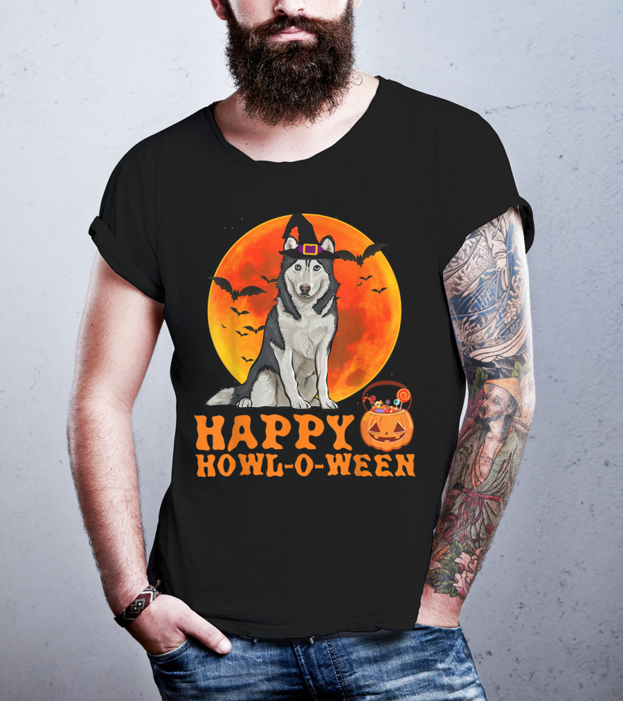 Halloween Siberian Husky Dog Happy Howl-O-Ween Pumpkin Moon Bats T-Shirt