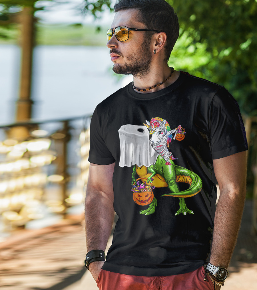 Funny Boo Dinosaur Mummy Unicorn Carrying Pumpkin Halloween T-Shirt