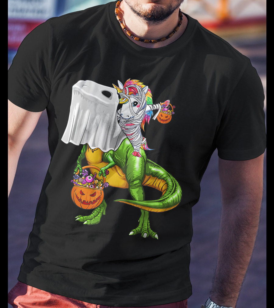 Funny Boo Dinosaur Mummy Unicorn Carrying Pumpkin Halloween T-Shirt
