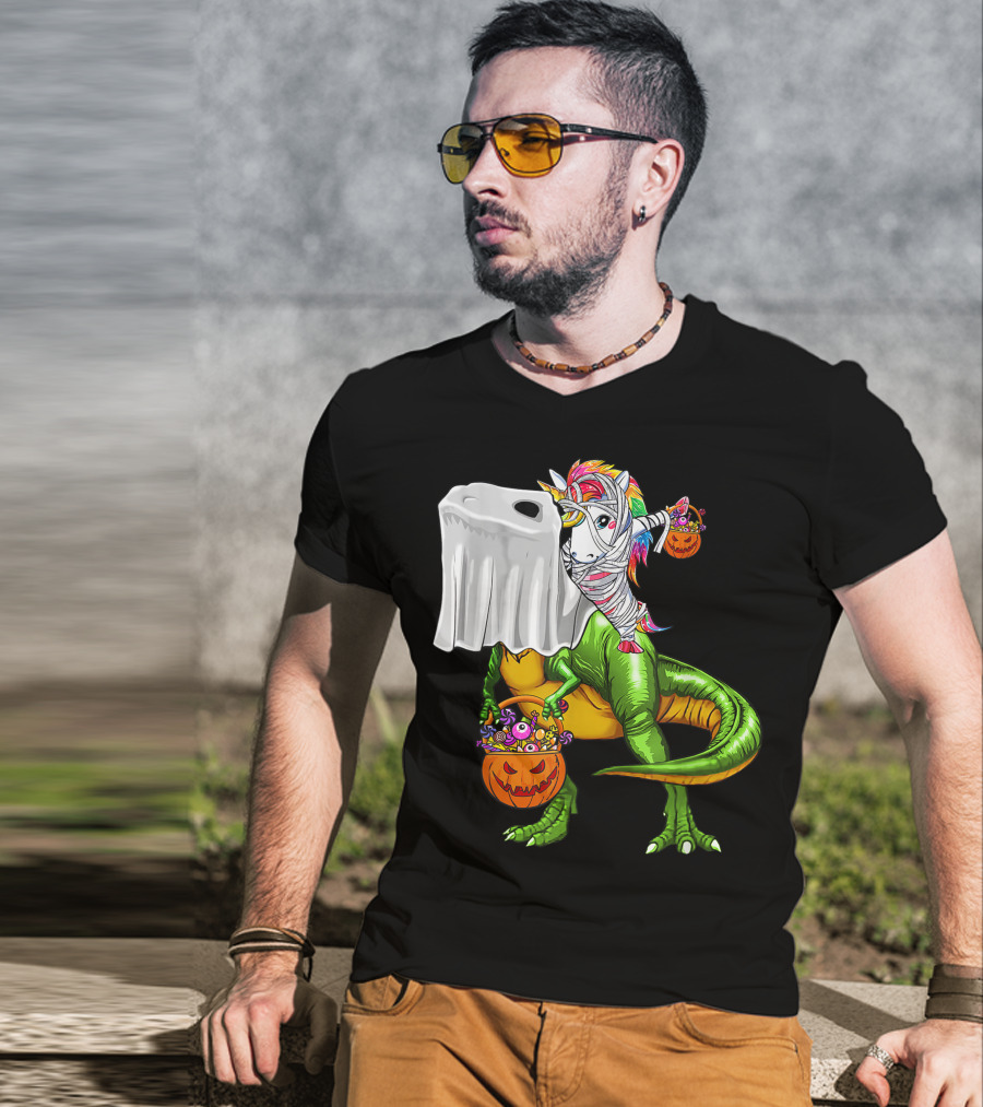 Funny Boo Dinosaur Mummy Unicorn Carrying Pumpkin Halloween T-Shirt