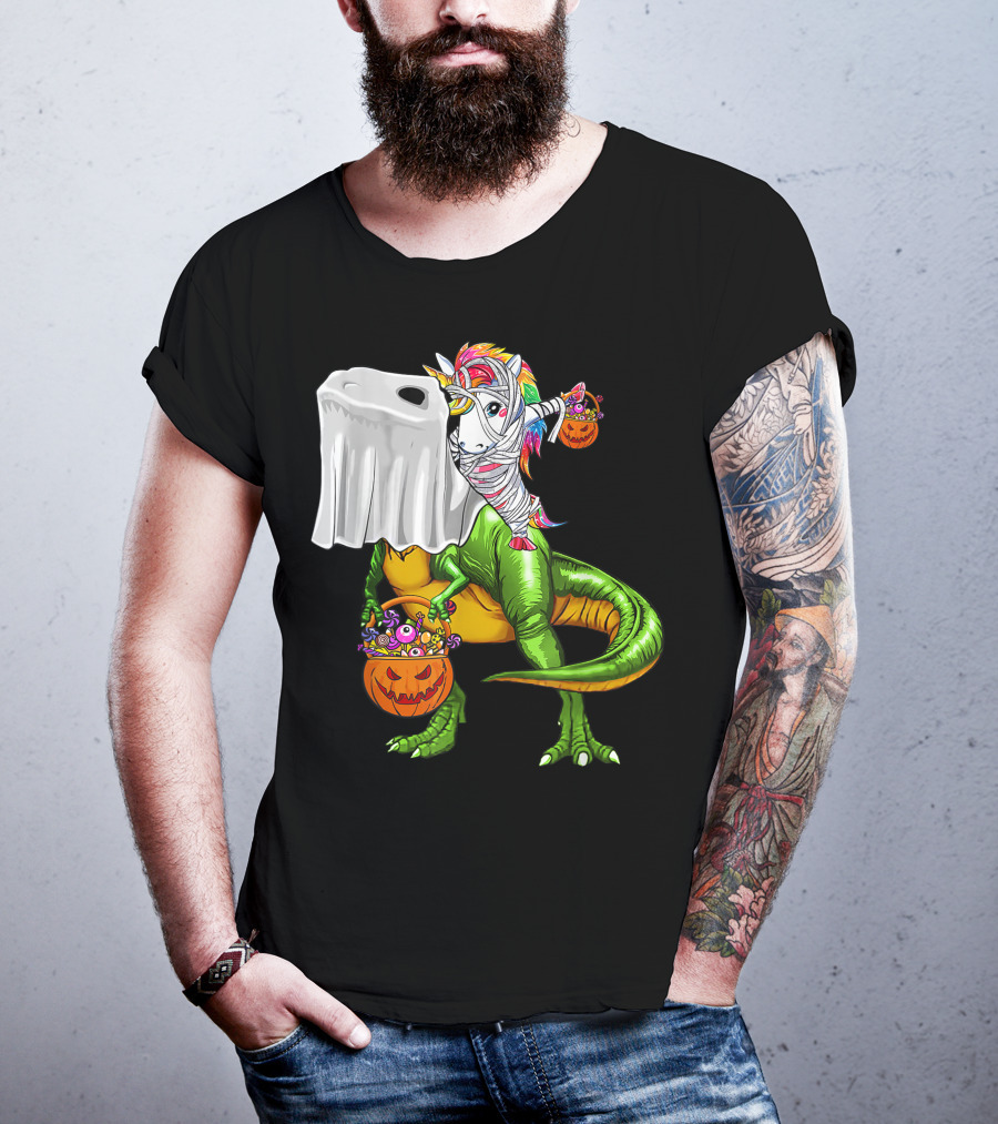 Funny Boo Dinosaur Mummy Unicorn Carrying Pumpkin Halloween T-Shirt