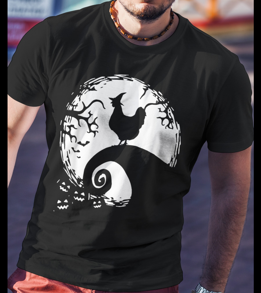 Funny Chicken Halloween Moon Pumpkin Nightmare Hill Scene T-Shirt