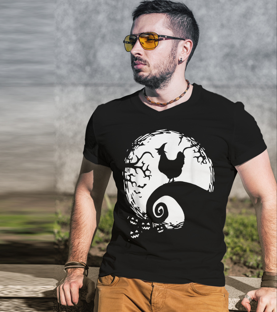 Funny Chicken Halloween Moon Pumpkin Nightmare Hill Scene T-Shirt