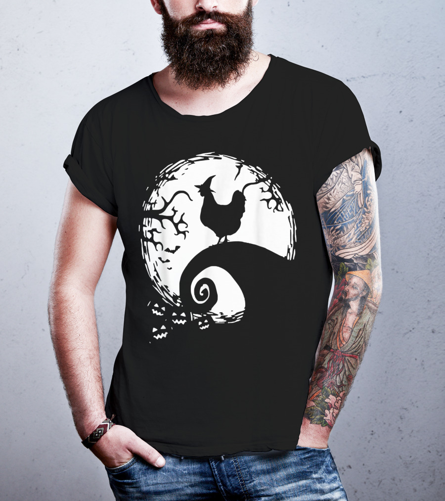 Funny Chicken Halloween Moon Pumpkin Nightmare Hill Scene T-Shirt