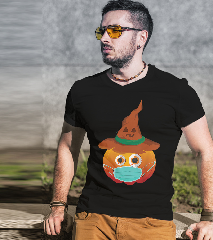 Funny Pumpkin Mask Witch Hat Costume T-Shirt
