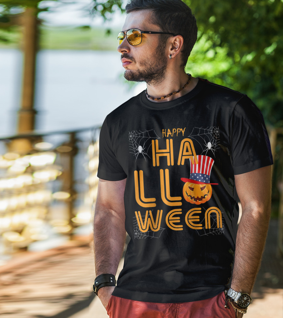 Happy Halloween Funny Orange Pumpkin American Flag Hat With Spider Webs T-Shirt