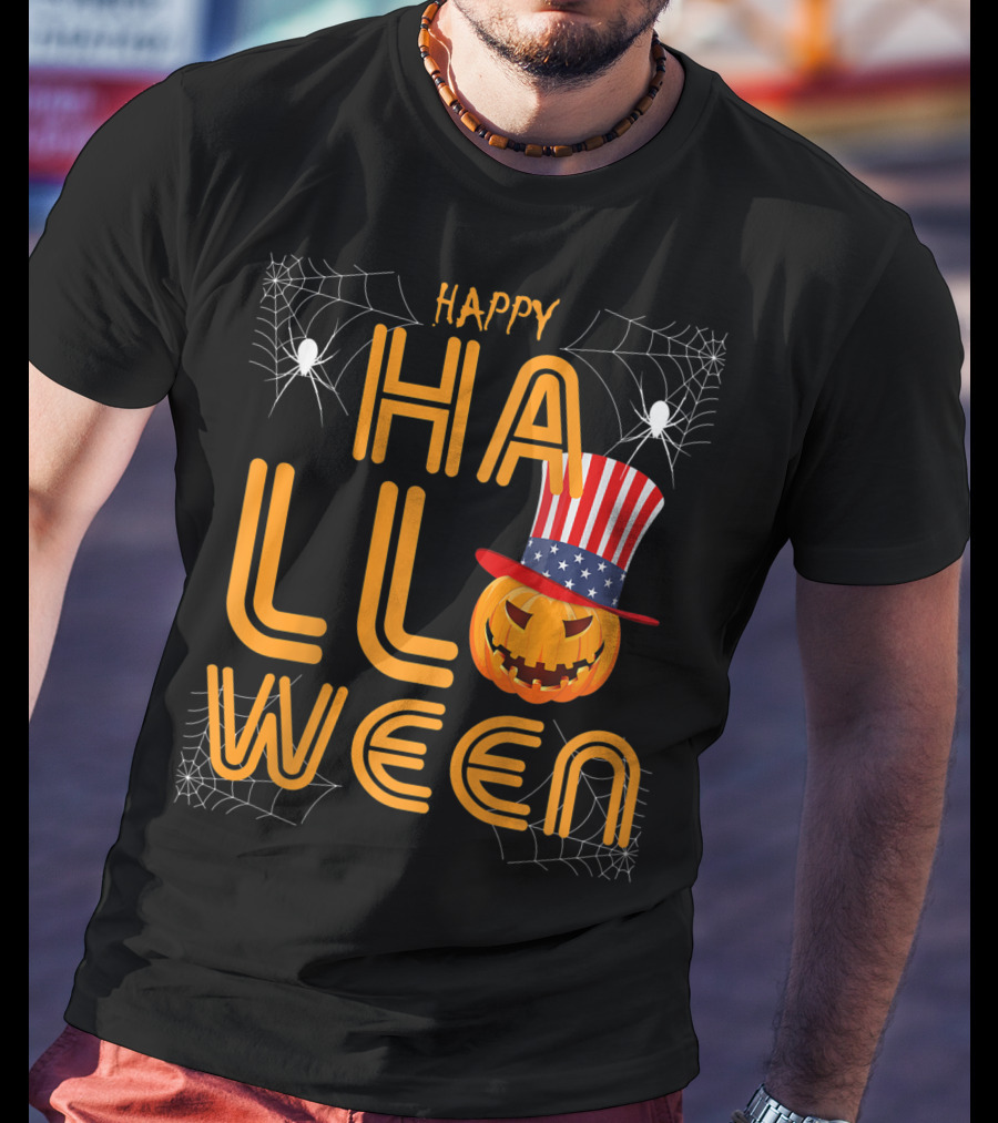 Happy Halloween Funny Orange Pumpkin American Flag Hat With Spider Webs T-Shirt