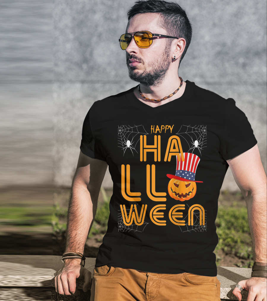 Happy Halloween Funny Orange Pumpkin American Flag Hat With Spider Webs T-Shirt