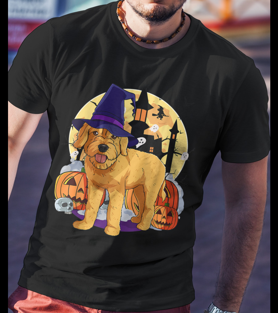 Happy Halloween Goldendoodle Dog Witch Hat Pumpkin Moon Haunted House Ghosts T-Shirt