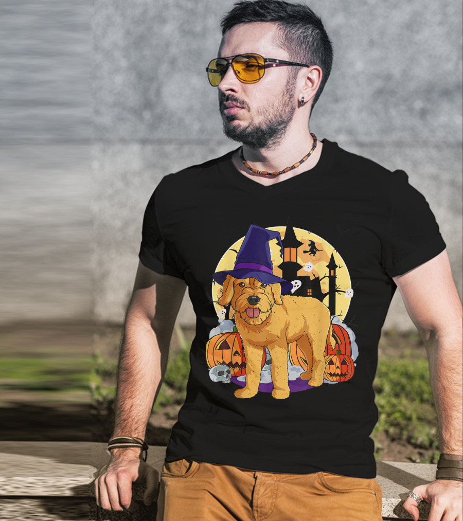 Happy Halloween Goldendoodle Dog Witch Hat Pumpkin Moon Haunted House Ghosts T-Shirt