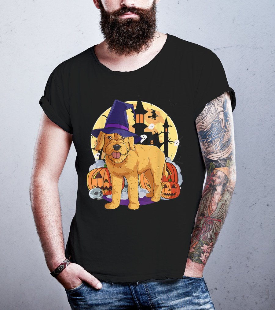 Happy Halloween Goldendoodle Dog Witch Hat Pumpkin Moon Haunted House Ghosts T-Shirt