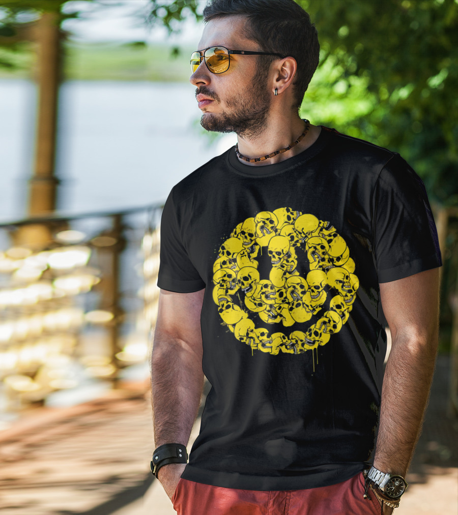 Smiley Face Skull Circle Halloween Goth Occult Scary T-Shirt