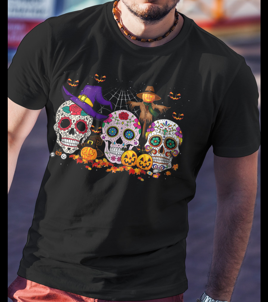Sugar Skull Funny Halloween Pumpkin Witch Hat Autumn T-Shirt