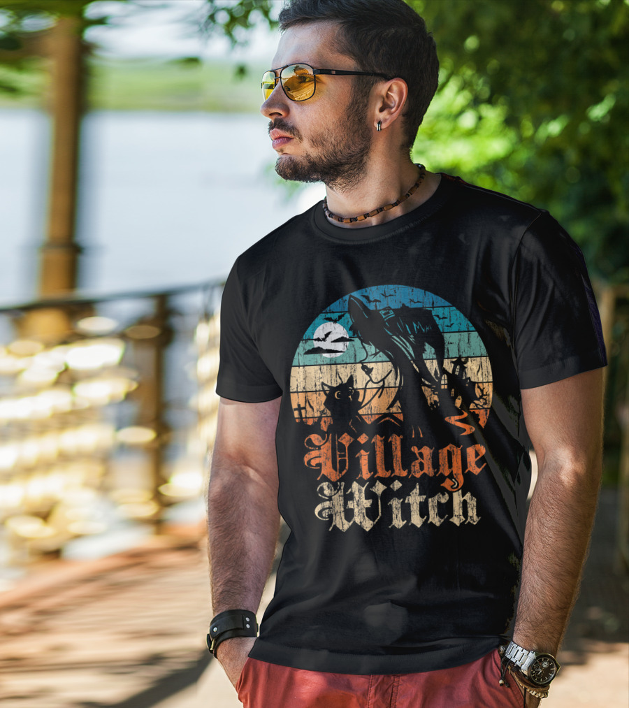 Village Witch Cat Silhouette Moon Sunset T-Shirt