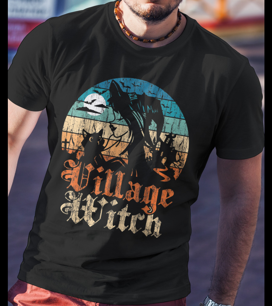 Village Witch Cat Silhouette Moon Sunset T-Shirt