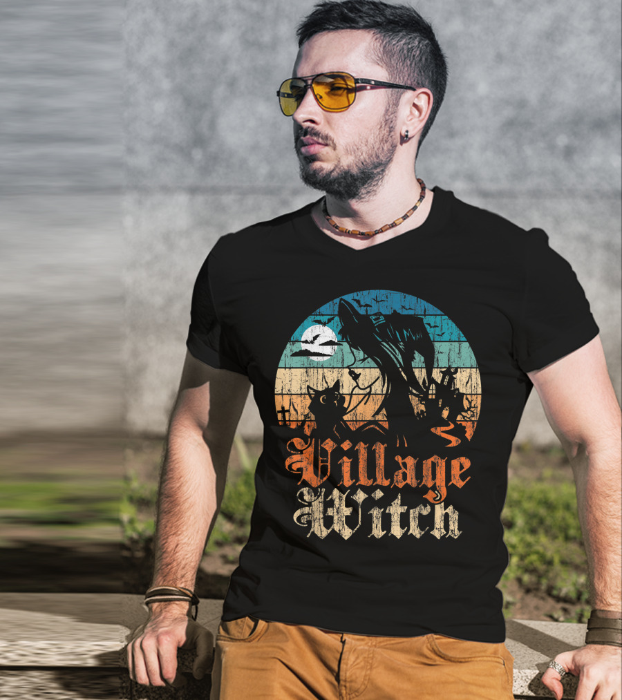 Village Witch Cat Silhouette Moon Sunset T-Shirt