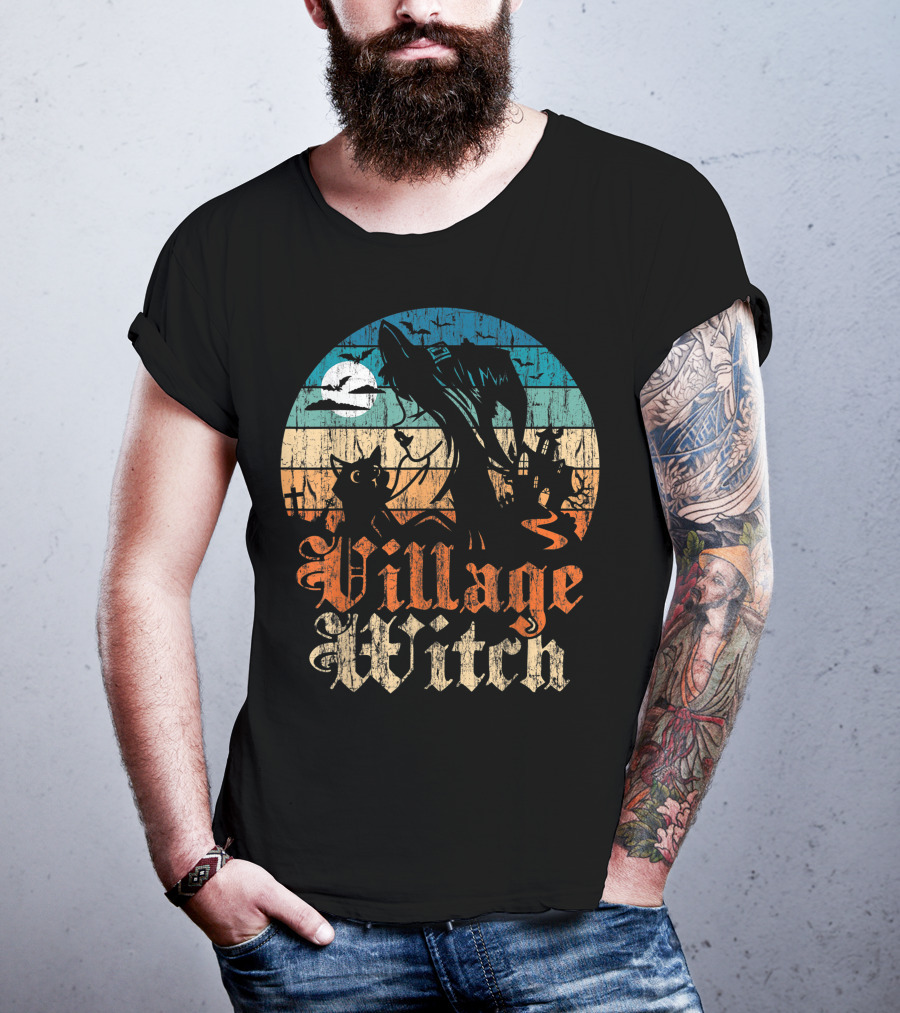 Village Witch Cat Silhouette Moon Sunset T-Shirt