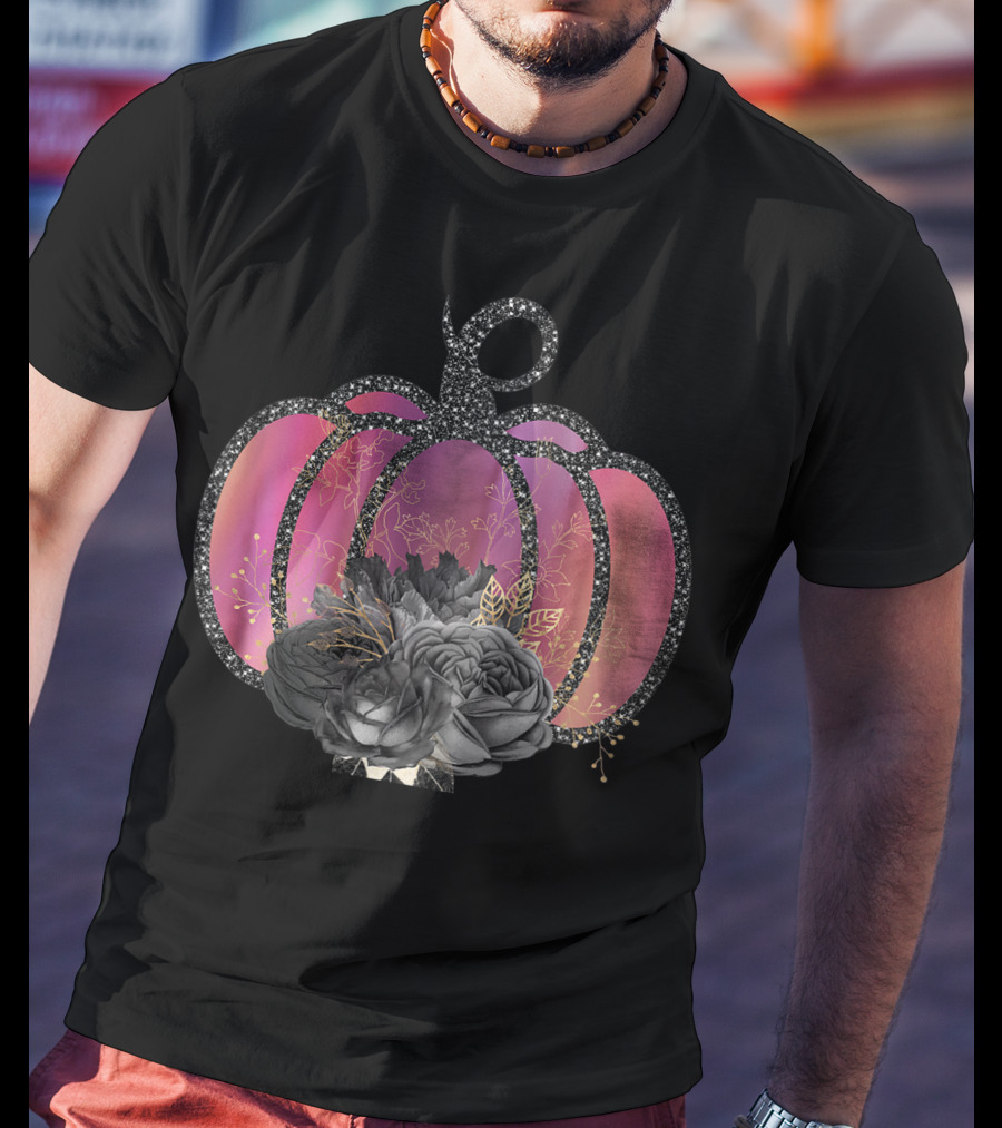 Women Halloween Pumpkin Unique Fall Raglan Baseball With Black Floral Accents T-Shirt