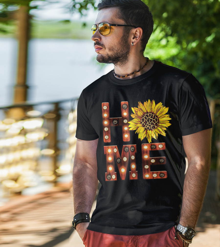 Sunflower Marquee Letters Home Word With Leopard Center Halloween Fall Pumpkins Colorful T-Shirt