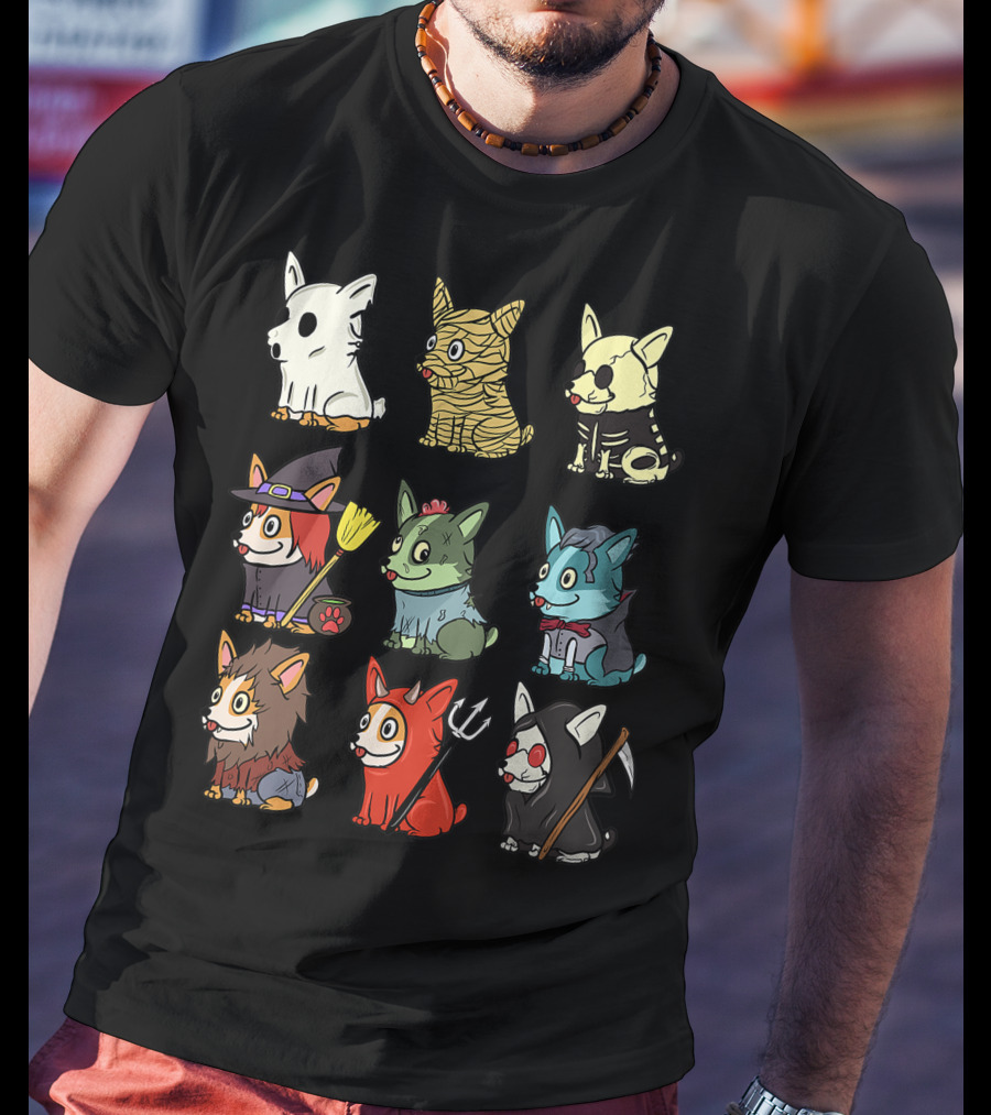 Corgi In Scary Ghost, Mummy, Skeleton, Witch, Zombie, Vampire, Werewolf, Devil, And Grim Reaper Costumes Funny Dog T-Shirt