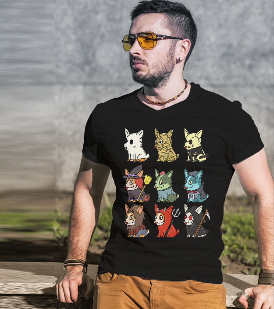 Corgi In Scary Ghost, Mummy, Skeleton, Witch, Zombie, Vampire, Werewolf, Devil, And Grim Reaper Costumes Funny Dog T-Shirt
